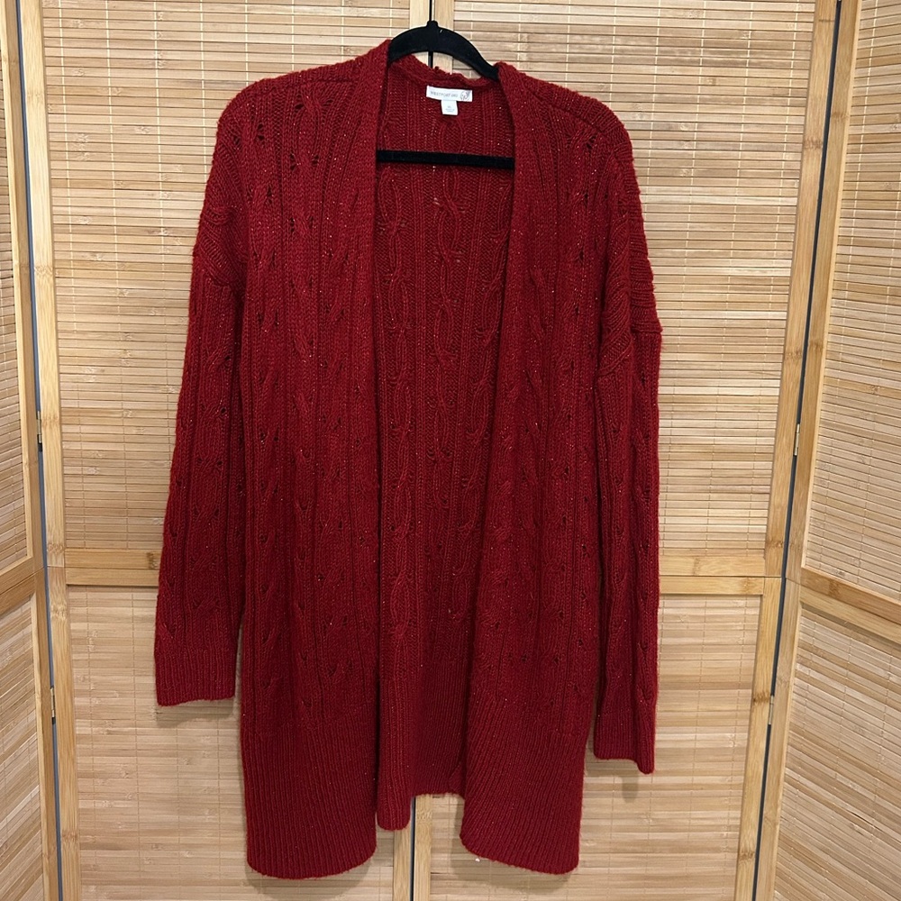 Westport 1962 red sparkle cable knit open front long cardigan sweater XL